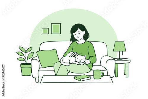 Relaxed woman sitting on a sofa petting a sleeping cat in a cozy living room with houseplant, lamp, coffee mug, and book on table