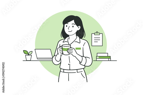 Minimal line illustration of a professional woman holding a mug in a modern office workspace with laptop, plant, clipboard, and books on a shelf