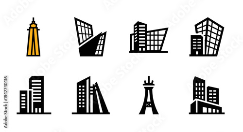 Modern cityscape icon set with unique geometric building designs