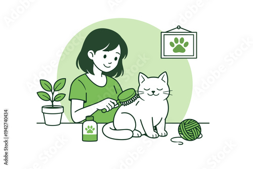 Woman grooming a relaxed cat with brush at home, surrounded by pet care items, yarn ball, plant, and simple wall art in green line style