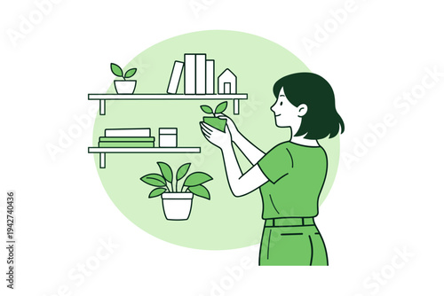 Minimal flat illustration of a young woman arranging a potted plant on wall shelves with books and decor in a cozy green-themed home interior