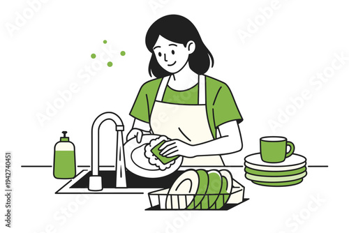 Illustration of a woman washing dishes at a kitchen sink with sponge, soap dispenser, drying rack, and stacked plates in a clean home setting