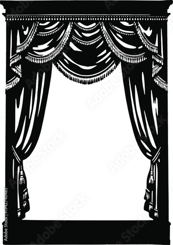 Elegant black vintage theater curtain frame with draped valance and side panels, classic stage backdrop silhouette isolated on white background, decorative interior design element