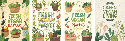 Colorful illustrations promoting fresh vegan markets and living practices.