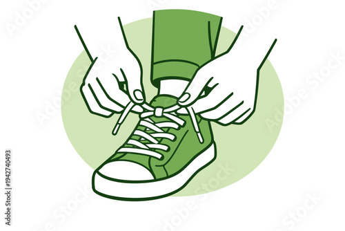 Minimal line illustration of hands tying shoelaces on a green sneaker, showing footwear fastening, casual style, and everyday dressing routine