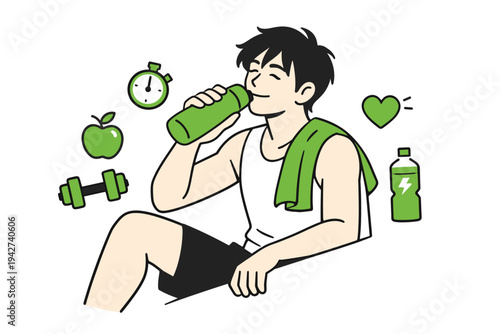 Illustration of a young man taking a workout break while drinking water, towel on shoulder, surrounded by fitness icons for health, time, and nutrition