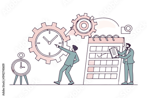 Professional business team managing time and tasks with gears,
Professional Human Resources Illustration.
clock, calendar, and checklist. 
Concept of effective planning, productivity, 
Efficiency at w
