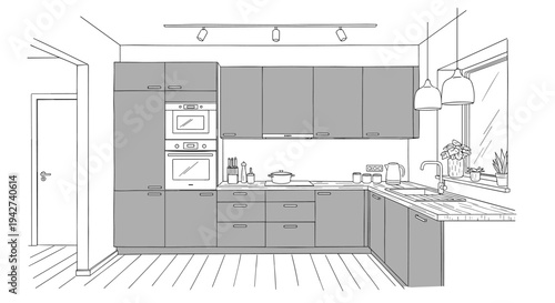 Modern linear kitchen design with minimalist cabinets and appliances in a cozy home interior