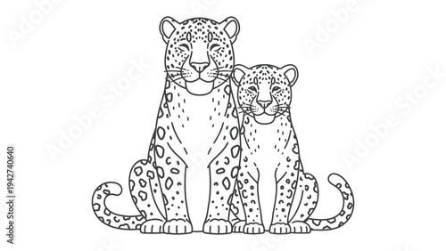 Leopard Family Portrait: A charming illustration depicts a mother leopard and her cub sitting side-by-side, showcasing a tender family bond and the distinctive spotted patterns of these majestic cats.