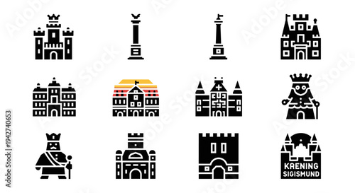 Medieval castle and monarch icons in flat silhouette style