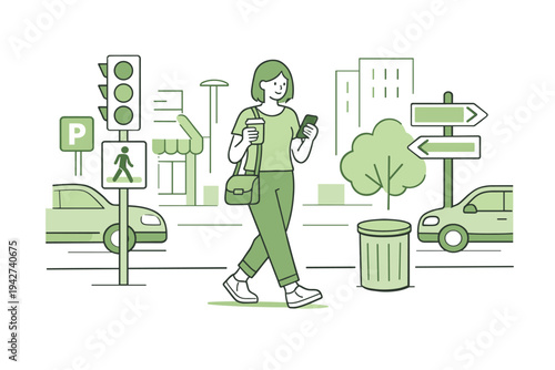 Illustration of woman walking across a city street crosswalk while holding coffee and using smartphone, with traffic lights, cars, and directional signs