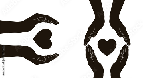 Black silhouette vector graphic illustration depicting hands gently cradling hearts representing love and care