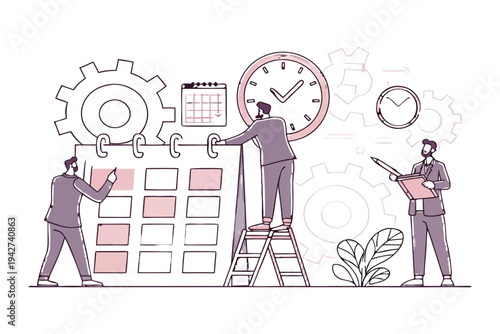 Professional business team managing time and tasks with gears,
Professional Human Resources Illustration.
clock, calendar, and checklist. 
Concept of effective planning, productivity, 
Efficiency at w