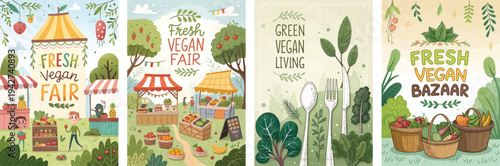 Colorful illustrations showcasing a fresh vegan fair and bazaar.