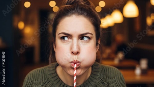 Funny Woman Pouting with Cheeks Full of Drink Through Straw in Cozy Cafe