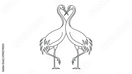 Crane love: two cranes gracefully form a heart shape with their necks. A minimalist illustration emphasizing love and connection. 