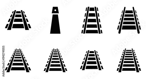 Set of black silhouette railway icons in various styles