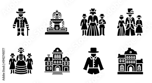 Vintage silhouette set: people, buildings, and fountain design
