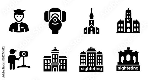 Silhouette icon set of tourist landmarks and activities with tour guide and monuments