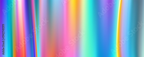 Iridescent holographic background with soft gradient textures. Abstract chrome foil creates pearlescent light effects in pastel blue, pink, and violet hues. Vector illustration.