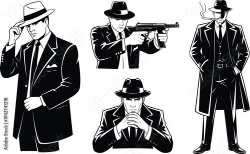 Set of vintage black and white illustrations featuring mysterious detectives, gangsters in fedoras, secret agents with guns, and noir characters,