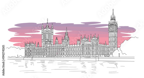 Linear art of westminster palace at sunset with big ben silhouette