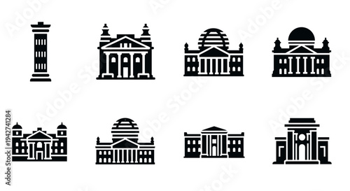 Icon set of famous european landmarks in bold silhouette design