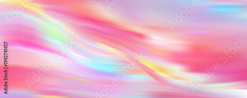 Pink holographic background with 3D waves and iridescent gradient texture creates an abstract futuristic design with soft pastel colors and pearlescent light effects. Vector illustration.