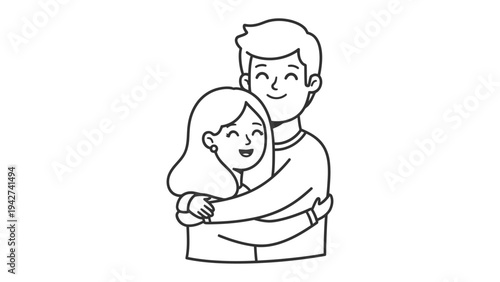 Loving Embrace: A tender moment captured in a minimalist illustration, a man and a woman share a heartfelt hug, embodying connection and affection.