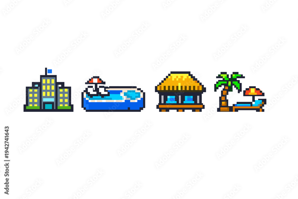 Obraz premium Pixel art travel icons showing a hotel building, swimming pool with umbrella, tropical bungalow hut, and palm tree beach lounger in colorful retro style
