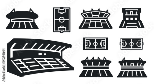 Football stadium icons set: modern flat silhouettes of arena designs