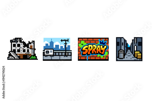 Pixel art set of urban street scenes featuring a derelict building, city skyline with bridge and drone, colorful graffiti wall, and dark alleyway