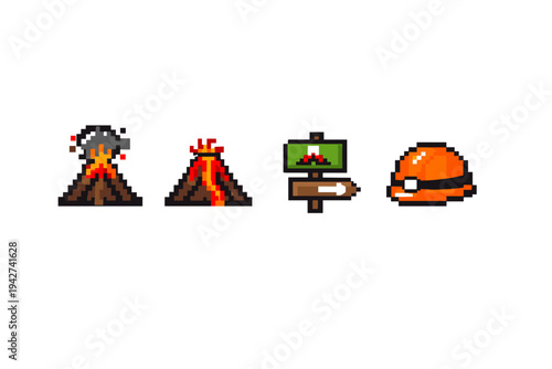 Pixel art set of outdoor adventure icons showing smoking volcano, erupting volcano, signpost with mountain view, and orange safety helmet on white background