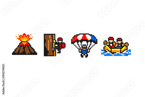 Pixel art adventure icons featuring erupting volcano, axe chopping a tree, skydiver with parachute, and rafting team paddling through river rapids