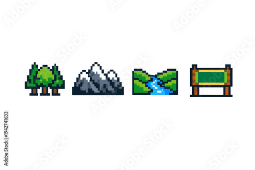 Pixel art nature icon set featuring evergreen trees, rocky mountains, flowing river valley, and wooden signboard in retro 8-bit game style
