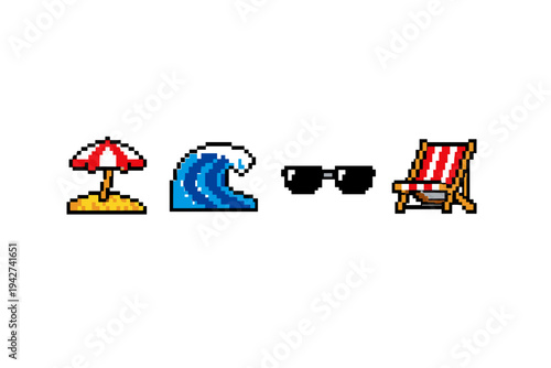 Pixel art summer beach icons featuring a striped umbrella on sand, ocean wave, black sunglasses, and a deck chair on a clean white background