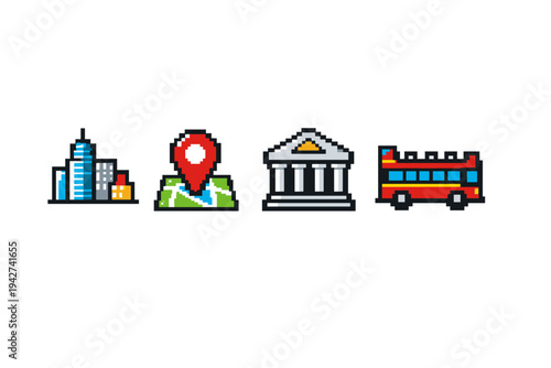 Pixel art city icons set featuring skyscraper buildings, map location pin, classical courthouse facade, and red double-decker bus on white background