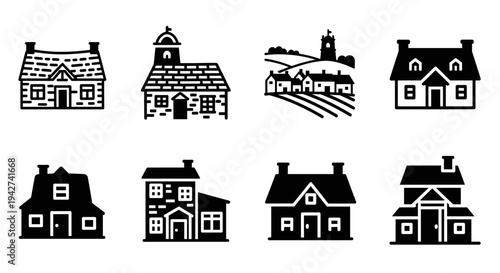 Collection of charming black and white vintage house icons
