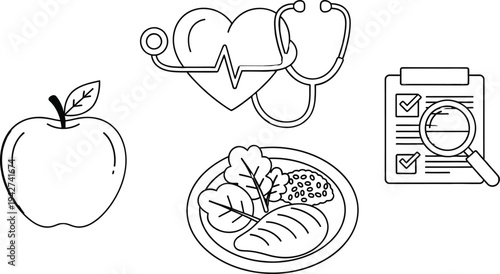 Healthy Lifestyle and Medical Checkup Icons for Diet and Wellness