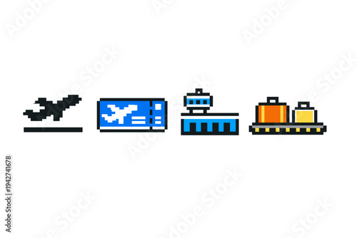 Pixel art travel icons showing airplane silhouette, boarding pass ticket, terminal building, and luggage on conveyor in minimalist retro style
