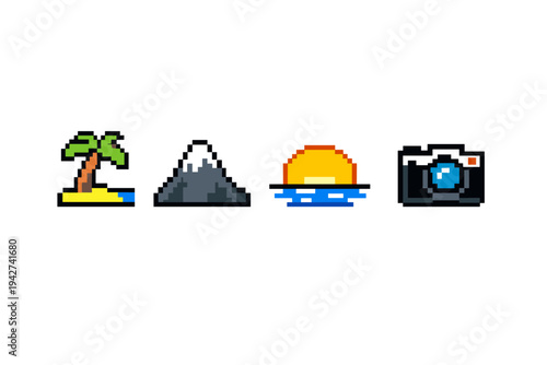 Pixel art icon set featuring a tropical palm island, snowy mountain peak, sunrise over ocean waves, and a compact camera on white background