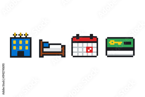 Pixel art travel planning icons showing hotel building, bed accommodation, calendar schedule date marker, and credit card payment for booking