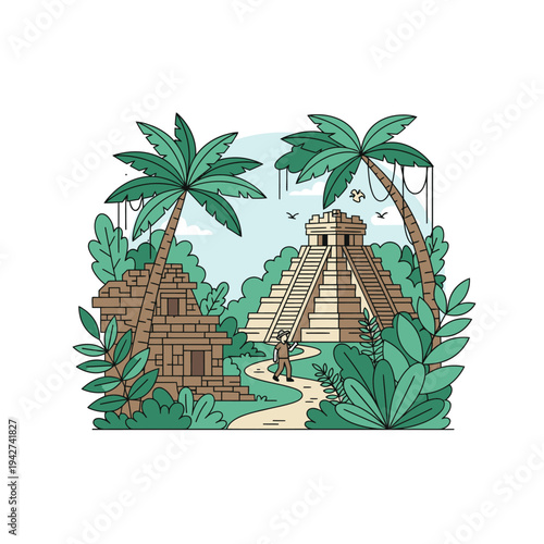 Ancient Mayan Pyramids and Structures in Lush Jungle Setting.
