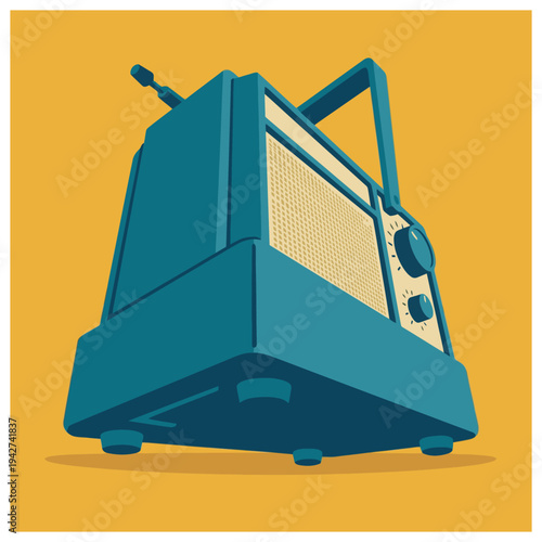 Vintage Radio Illustration in Teal with Antenna and Control Knobs