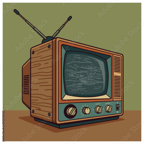 Television Retro Style Illustration of Vintage Tv Set with Static Screen