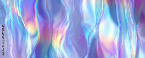 Abstract blue gradient with holographic foil texture and iridescent color patterns. Soft pastel hues create dreamy hologram effect with pearlescent chrome finish. Vector illustration.