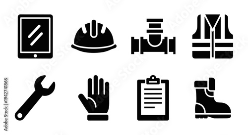 Silhouette construction icons: safety gear, tools, and equipment collection