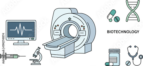 Biotechnology MRI Machine and Medical Diagnostic Equipment Vector Set