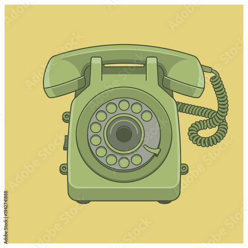 Vintage Green Rotary Dial Telephone Illustration on Yellow Background
