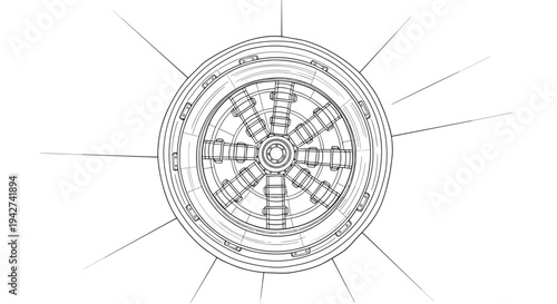 Detailed technical blueprint of a futuristic jet engine design from top view